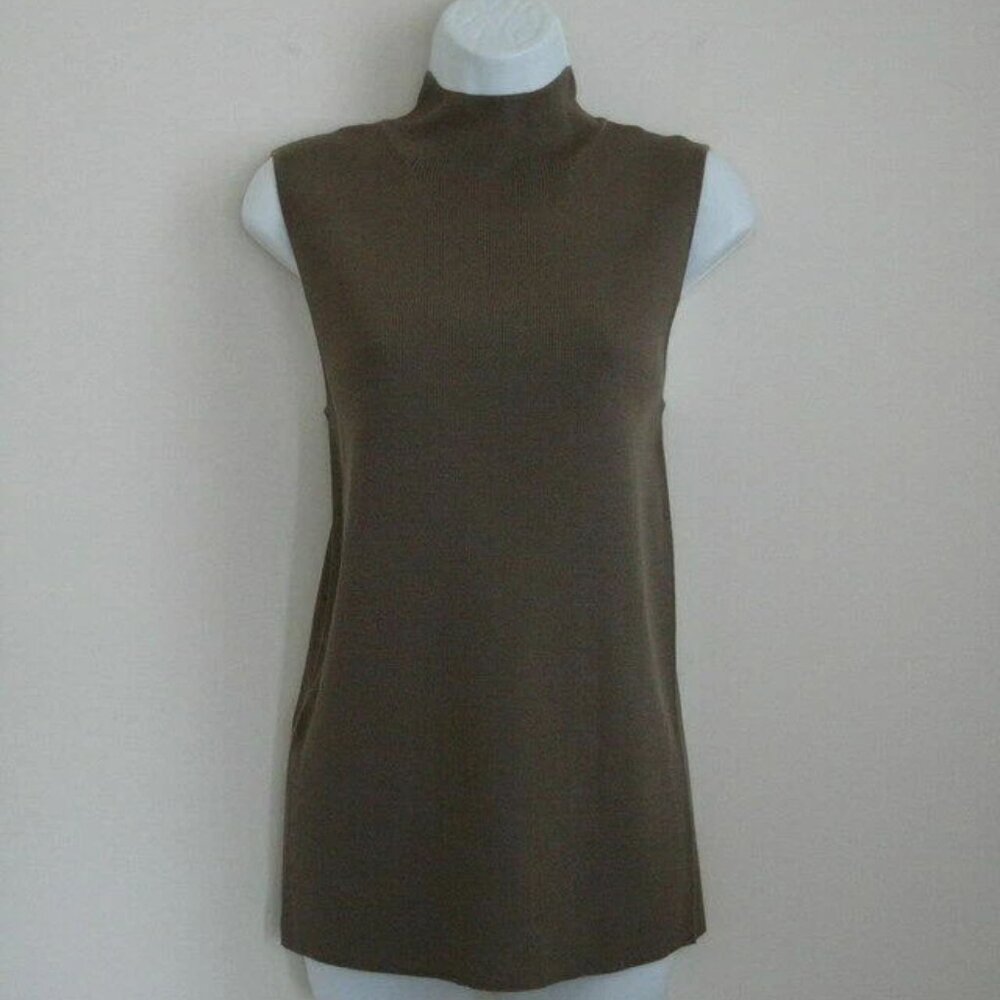 New ST. JOHN Truffle Brown Wool Ultra Fine Turtle Neck Rib Knit Top Medium